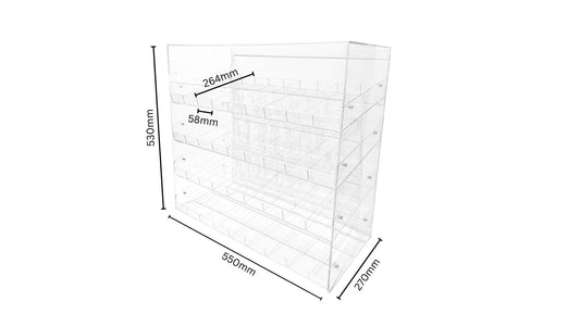 Transparent acrylic display with 4 tiers, 36 total slots and dimensions written on a white background.