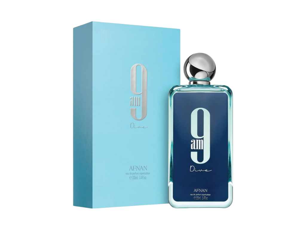 Blue perfume bottle and packaging with '9am' branding on a white background