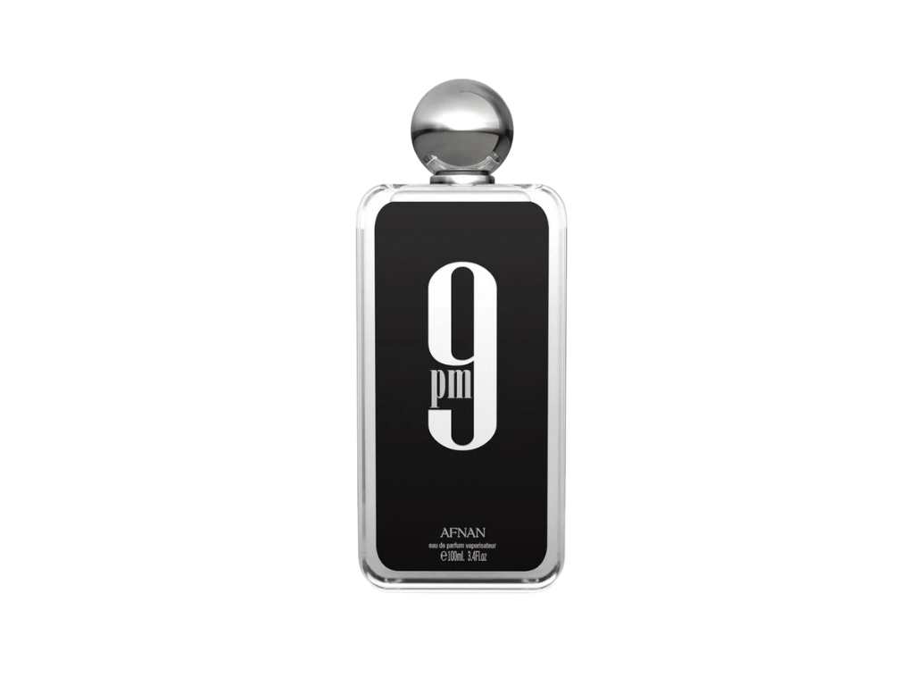 Afnan Perfume bottle with '9PM' on the label against a white background