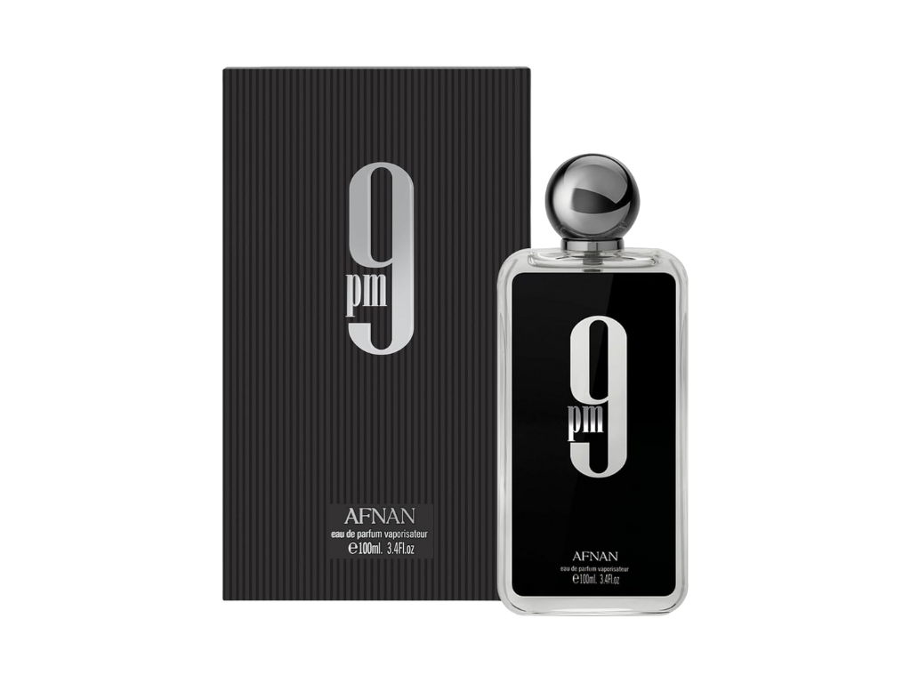 Afnan Perfume bottle and packaging with '9PM' design on a white background