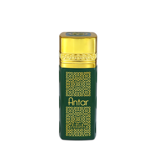 Antar eau de parfum bottle with green and gold design on a white background