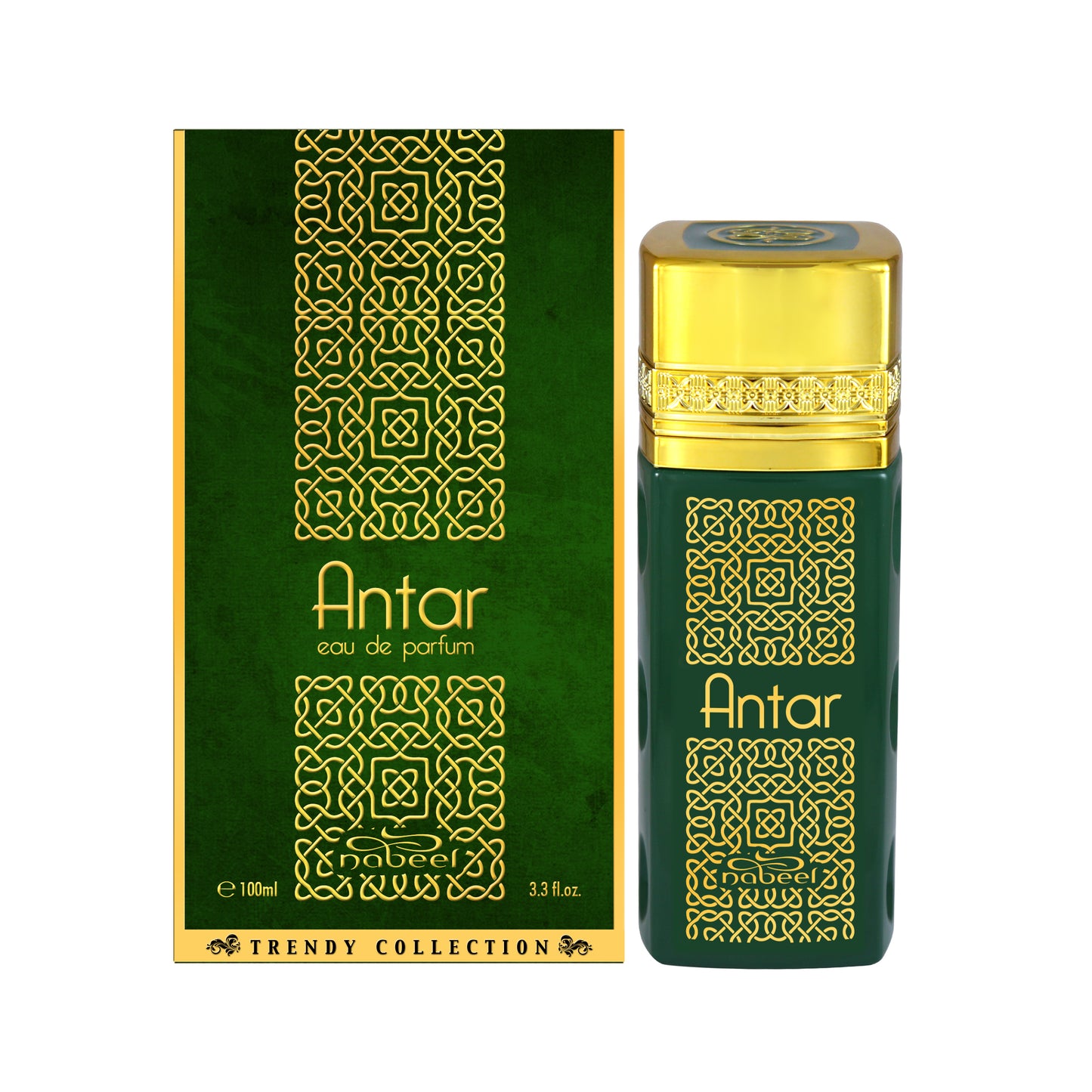 Antar eau de parfum bottle and packaging with green and gold design on a white background