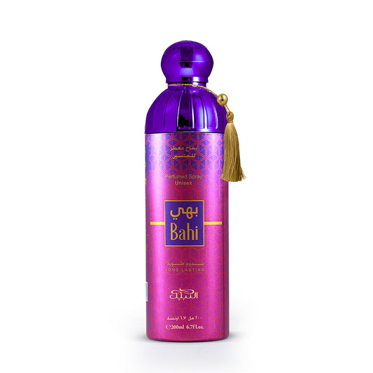 Purple and pink perfumed deodorant bottle with Bahi written across on a white background