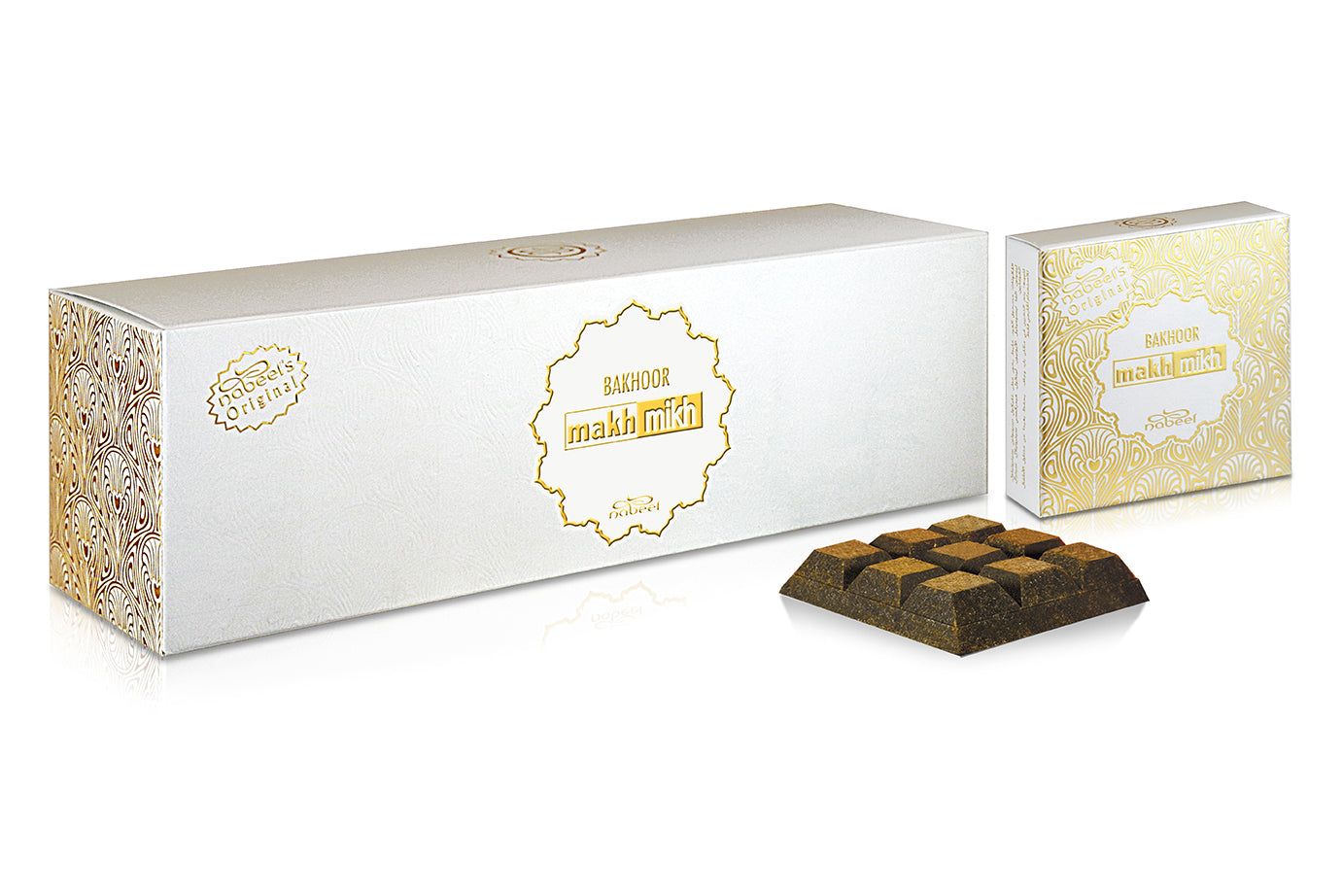 White bakhoor box with gold text and a smaller box of bakhoor on a white background