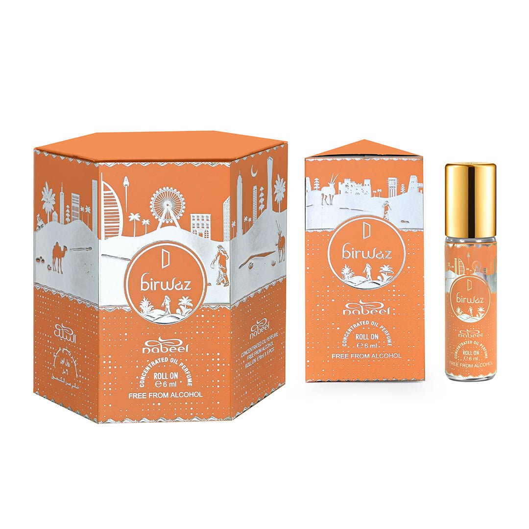 Orange packaging with 'birwaz' branding featuring a cityscape design on a white background. From left to right, there are images of the full pack, individual pack and bottle.