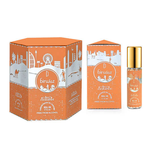 Orange packaging with 'birwaz' branding featuring a cityscape design on a white background. From left to right, there are images of the full pack, individual pack and bottle.