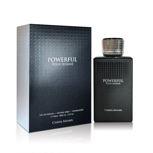 Perfume bottle and packaging of 'Powerful Pour Homme' by Chris Adams on a white background