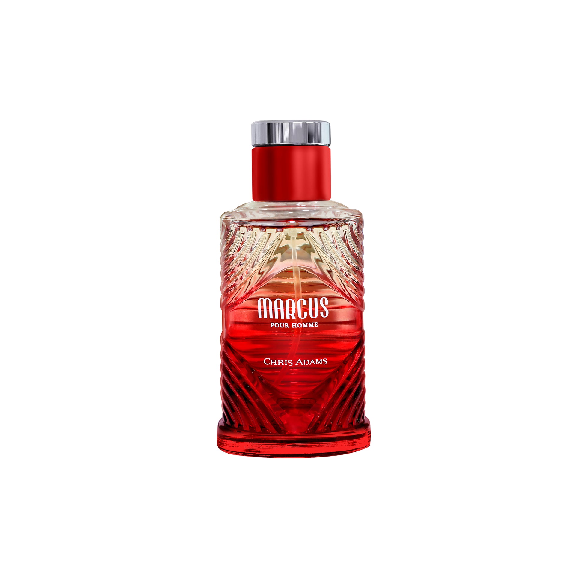 Red perfume bottle labeled 'Marcus' by Chris Adams on a white background