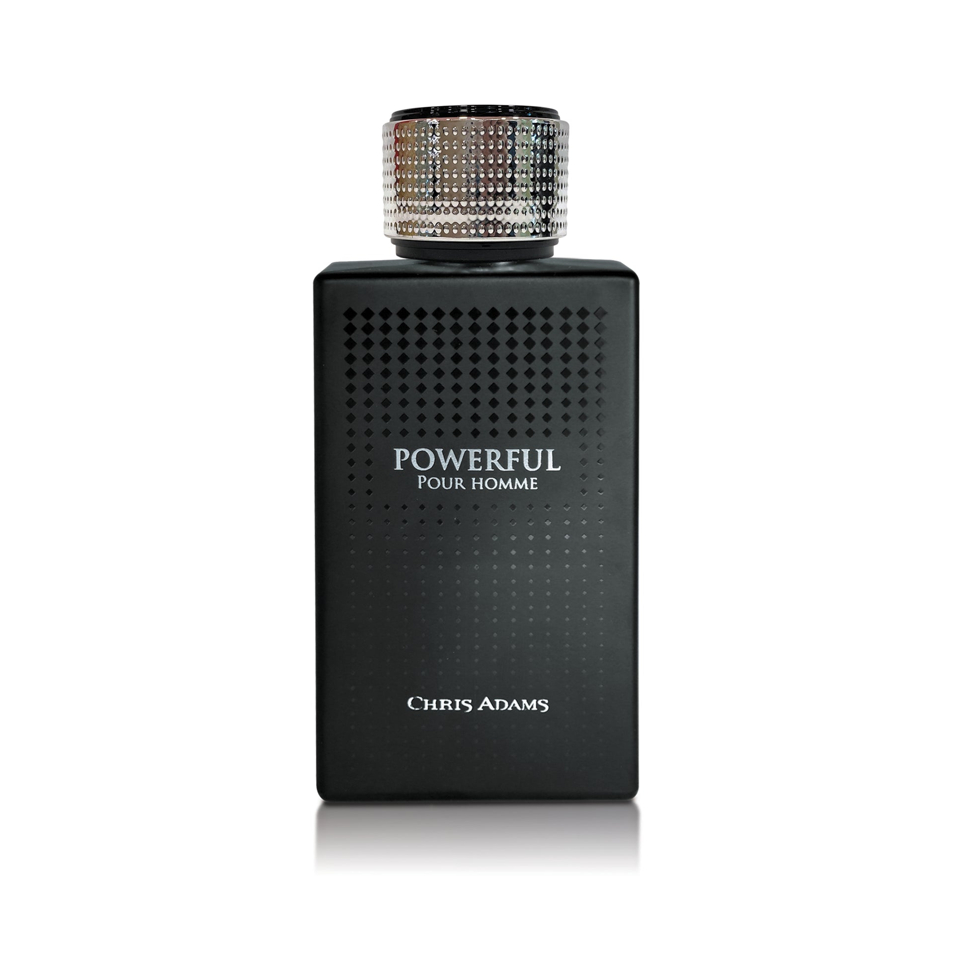 Black perfume bottle labeled 'Powerful Pour Homme' by Chris Adams on a white background