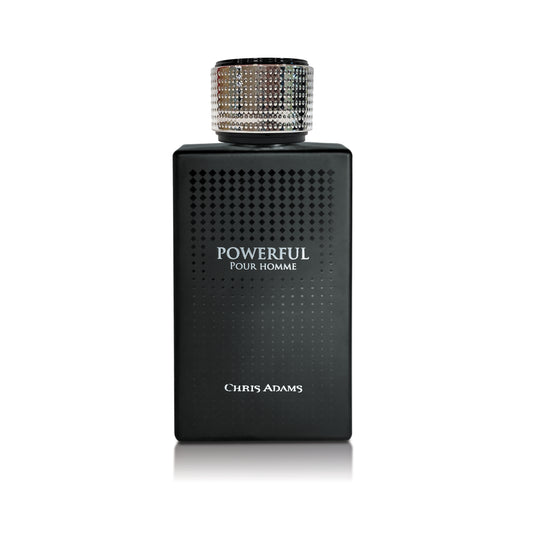 Black perfume bottle labeled 'Powerful Pour Homme' by Chris Adams on a white background