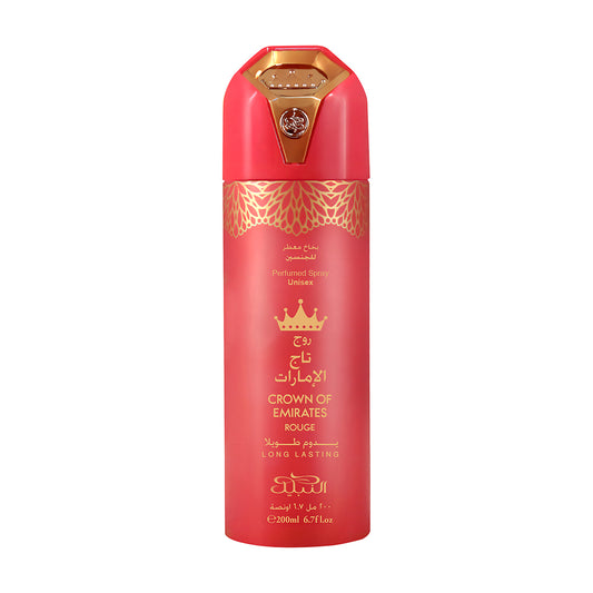 Red perfumed deodorant spray bottle with gold accents on a white background