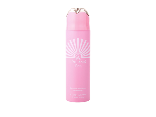 Pink deodorant spray bottle with brand logo on a white background