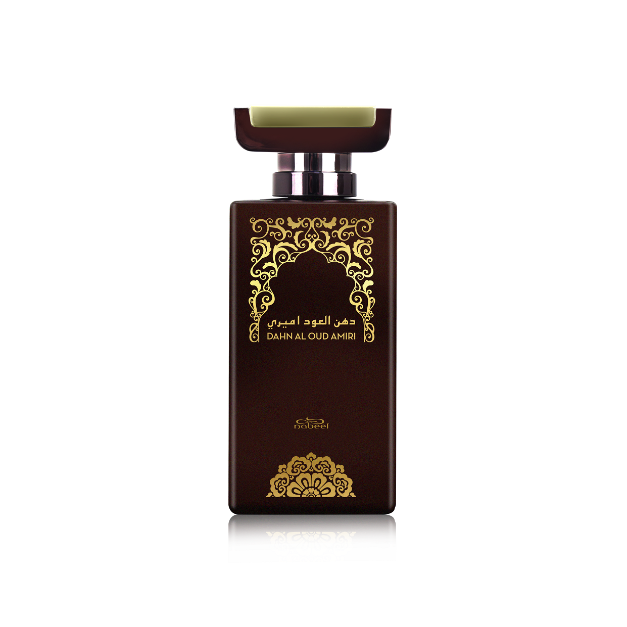 Brown perfume bottle with gold design and text on a white background