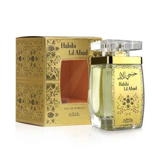 Habibi Lil Abad perfume bottle and packaging on a white background