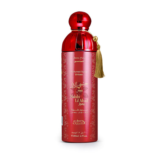 Red perfume bottle with gold accents on a white background