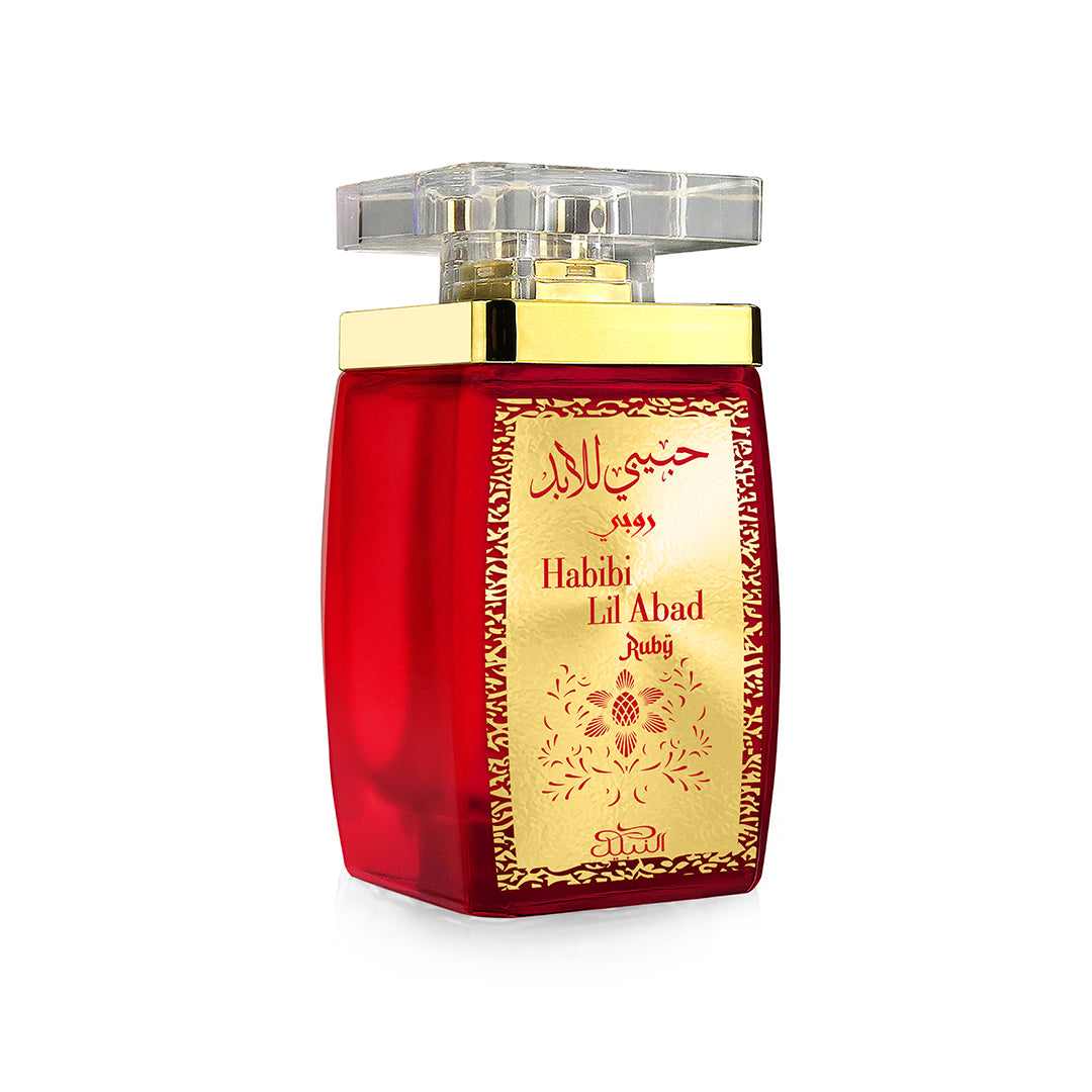 Red and gold perfume bottle with 'Habibi Lil Abad Ruby' text on a white background