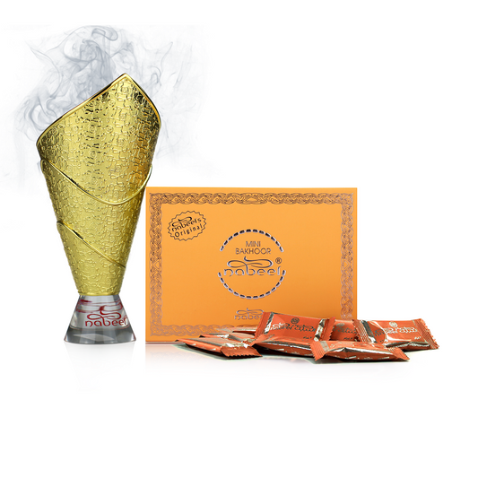 Gold cone-shaped bakhoor burner with Nabeel bakhoor packaging on a white background