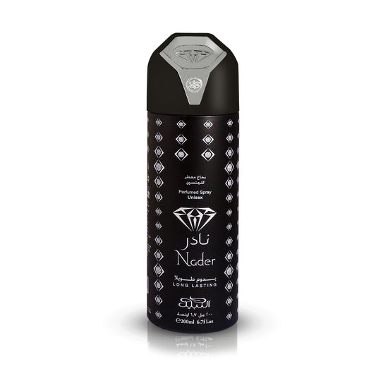 Black spray bottle with silver diamond accents on a white background