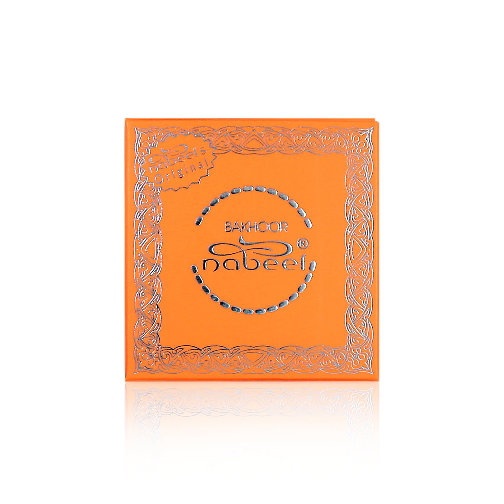 Orange box with silver decorative elements and 'Bakhoor Nabeel' branding on a white background