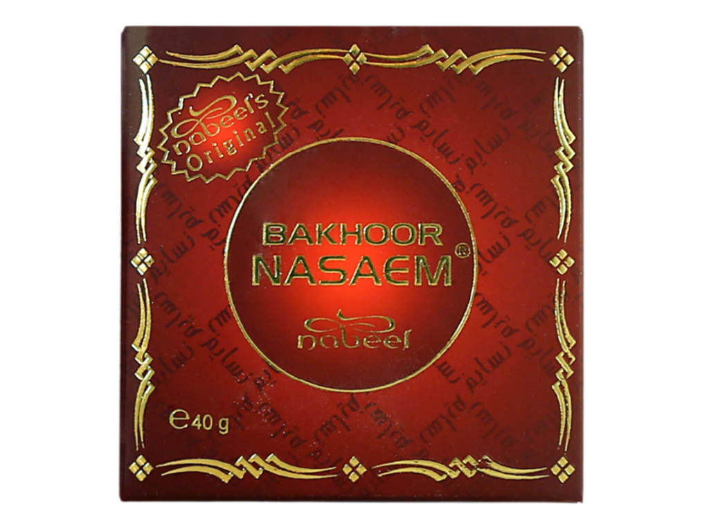 Bakhoor Nasaem packaging with gold text and decorative elements on a red background