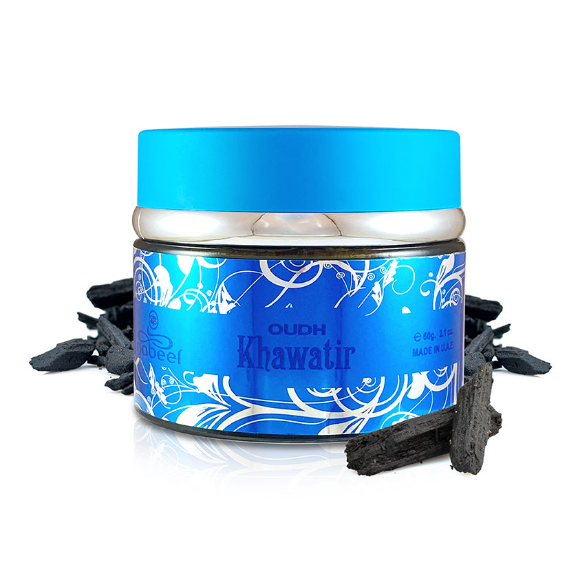 Blue container of Oudh Khawarir with decorative design on a white background