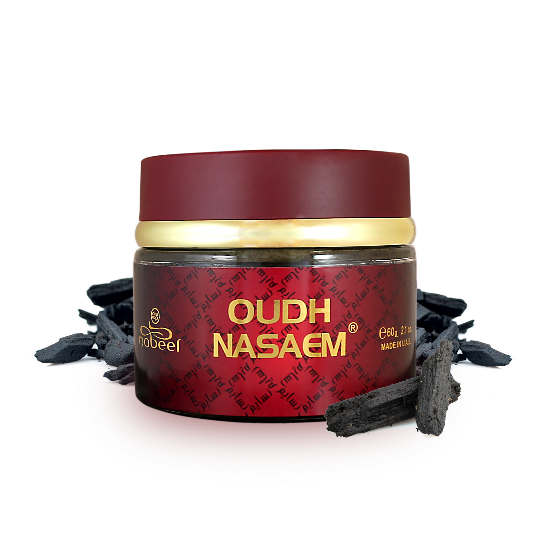 Red container with gold lid labeled 'Oudh Nasaem' on a white background