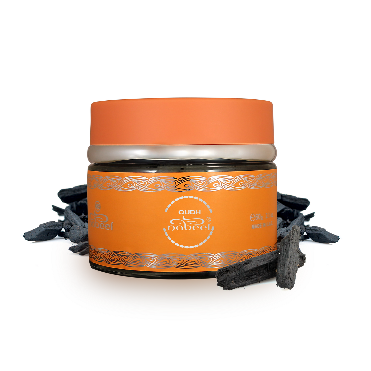 Orange Nabeel Oud container with silver lid and branding on a white background
