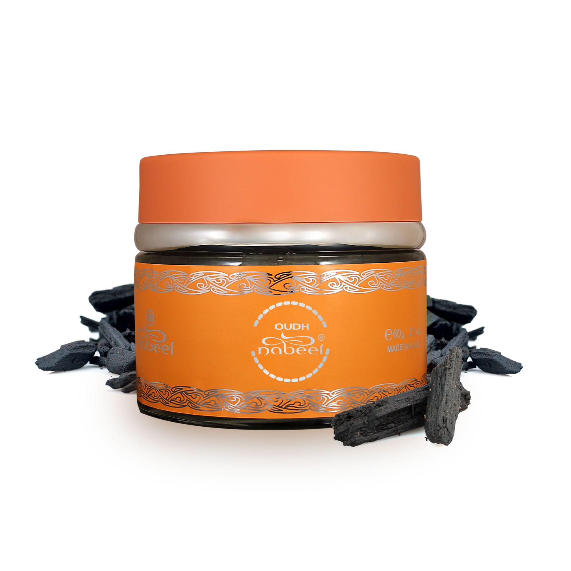 Orange Nabeel Oud container with silver lid and branding on a white background