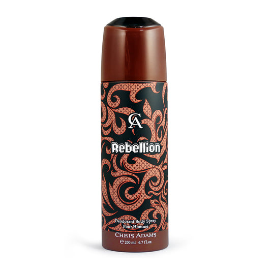 Brown deodorant body spray bottle with decorative label on a white background