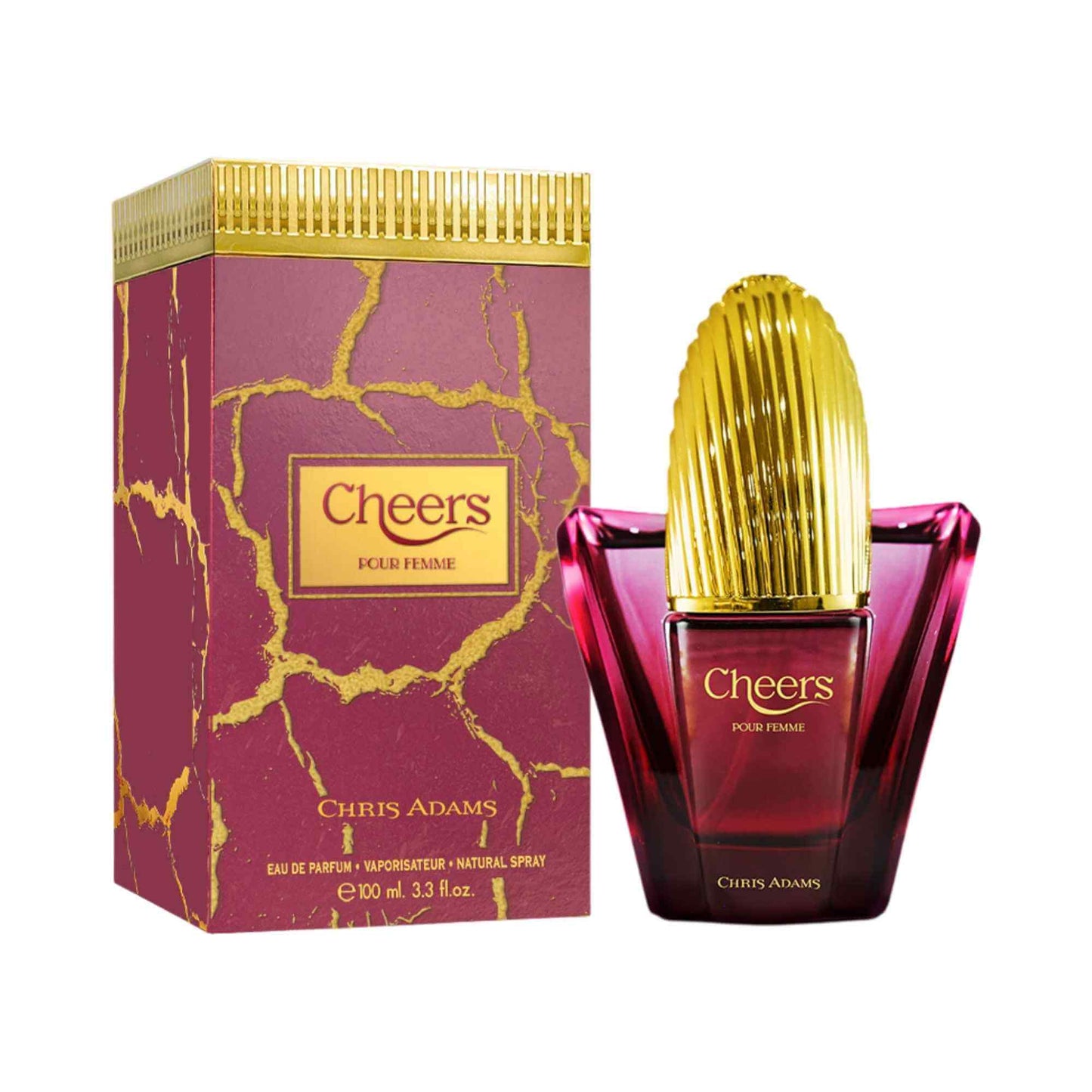 Cheers Eau de Parfum by Chris Adams, shown with its magenta and gold box next to the matching faceted bottle with a ribbed gold cap on a white background.