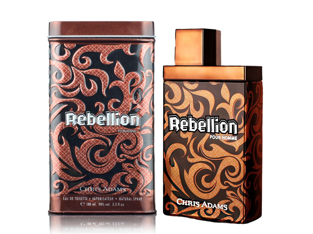 Chris Adams Rebellion perfume bottle and packaging on a white background