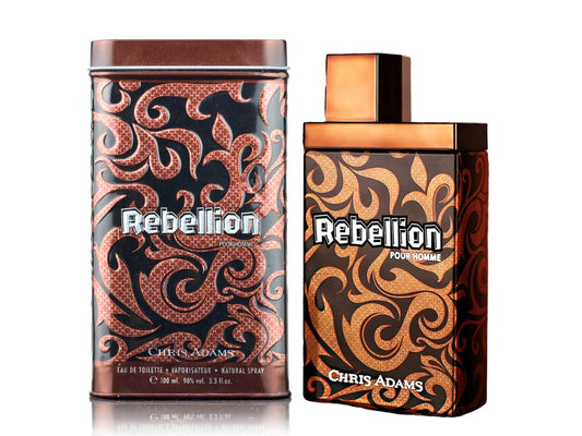 Chris Adams Rebellion perfume bottle and packaging on a white background