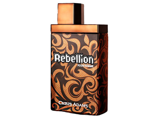 Perfume bottle labeled 'Rebellion' by Chris Adams on a white background