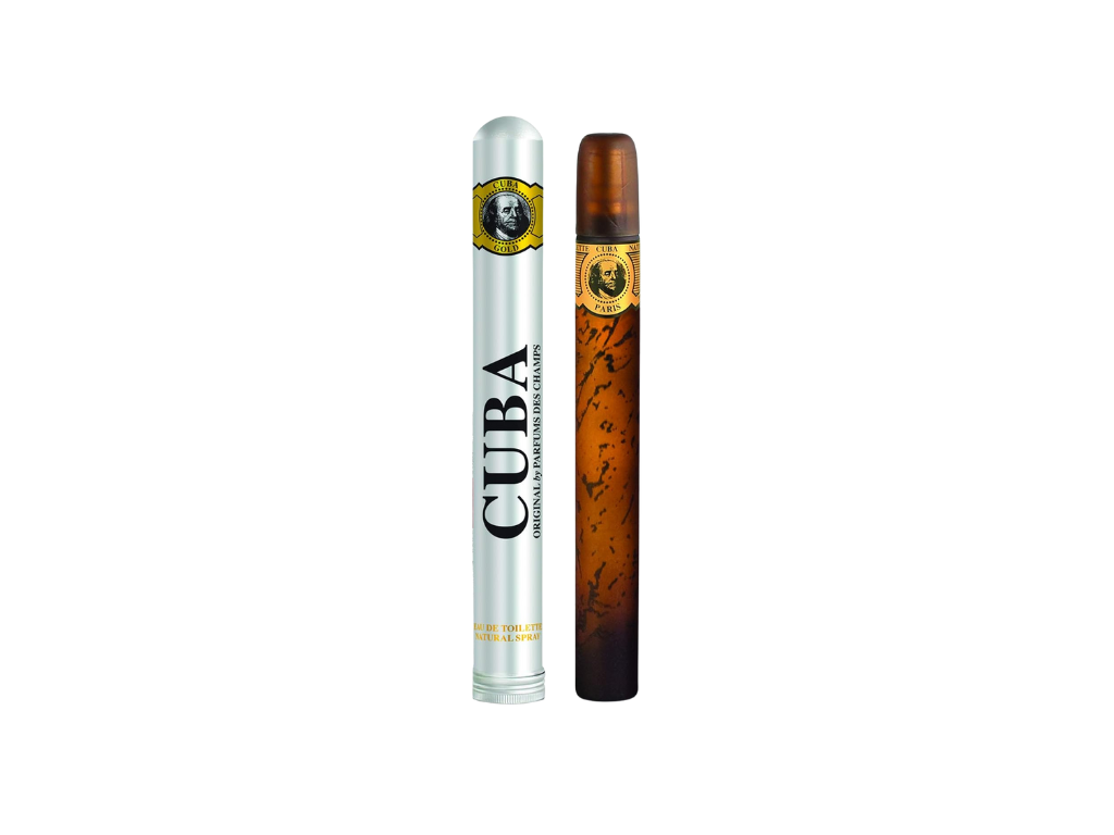 Perfume bottle and its packaging with 'Cuba' branding on a white background.