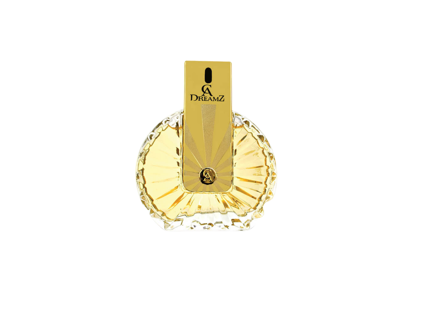 Gold and clear perfume bottle with 'DreamZ' branding on a white background