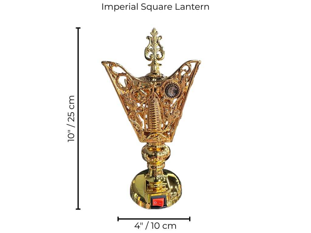 Gold bakhoor burner with dimensions on a white background.