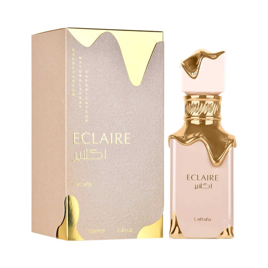 Lattafa Perfume box and bottle with gold accents and 'Eclaire' branding on a white background.