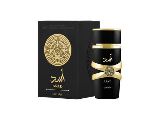 Black and gold perfume bottle with packaging on a white background