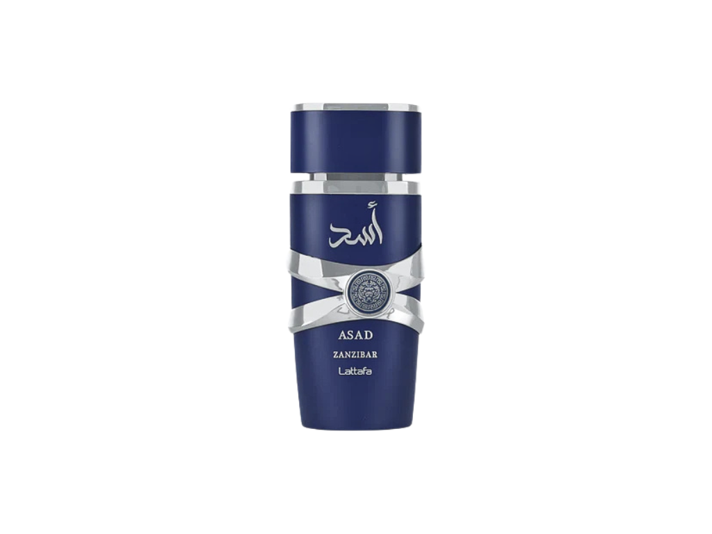 Lattafa Asad Zanzibar blue perfume bottle with silver design on a white background