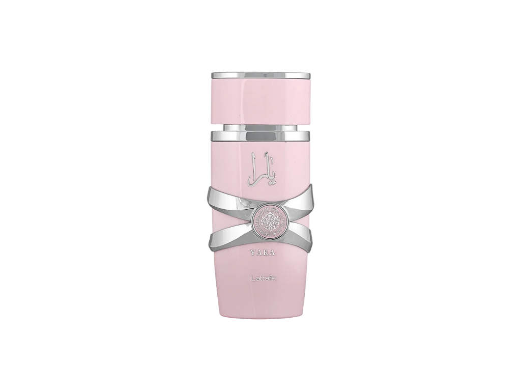 Pink and silver perfume bottle with a decorative bow on a white background