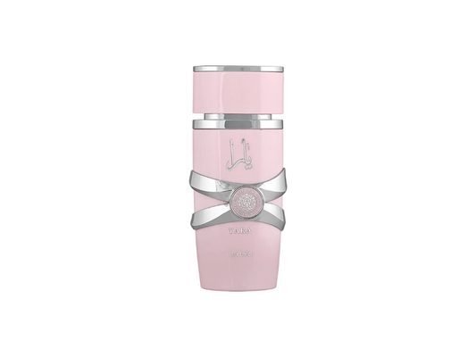 Pink and silver perfume bottle with a decorative bow on a white background