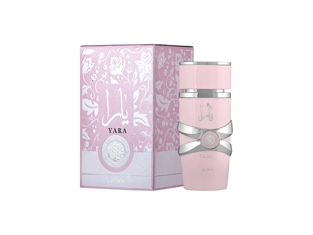 Pink Yara perfume bottle and packaging on a white background