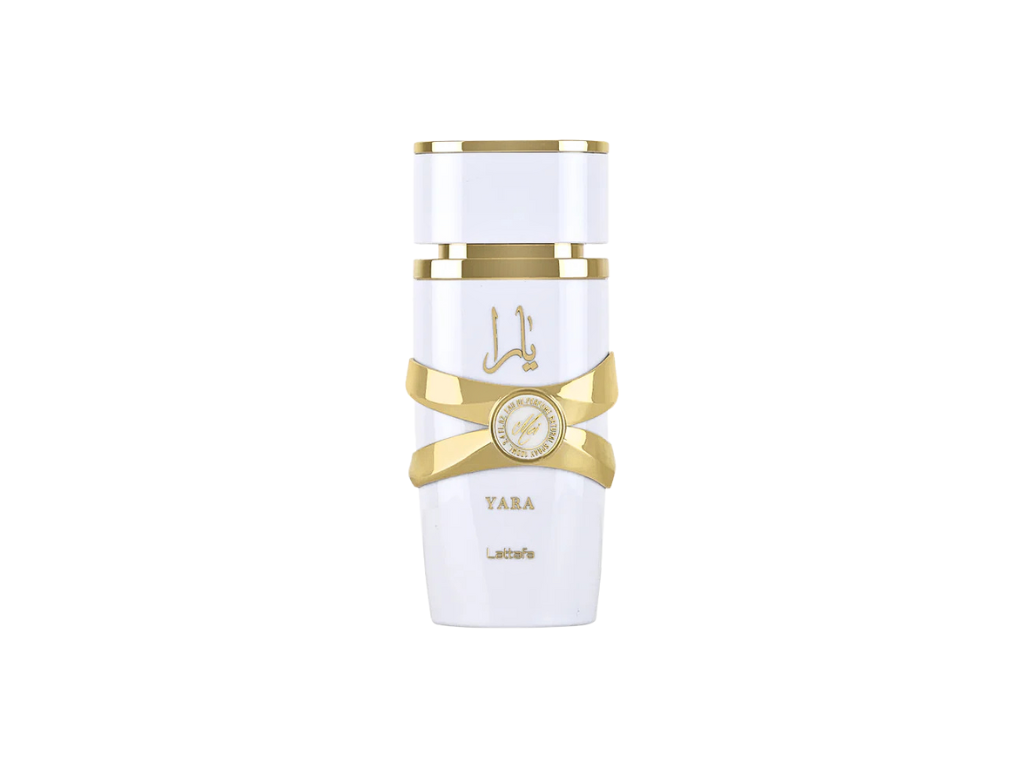 White and gold perfume bottle on a white background