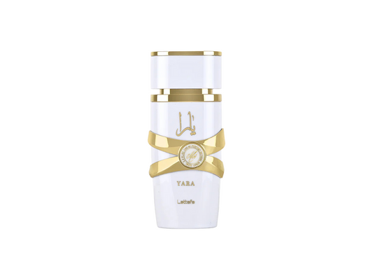 White and gold perfume bottle on a white background