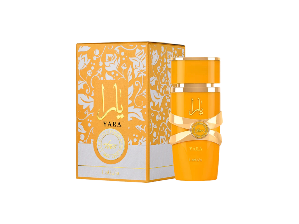 Orange Yara Tous perfume bottle and packaging on a white background