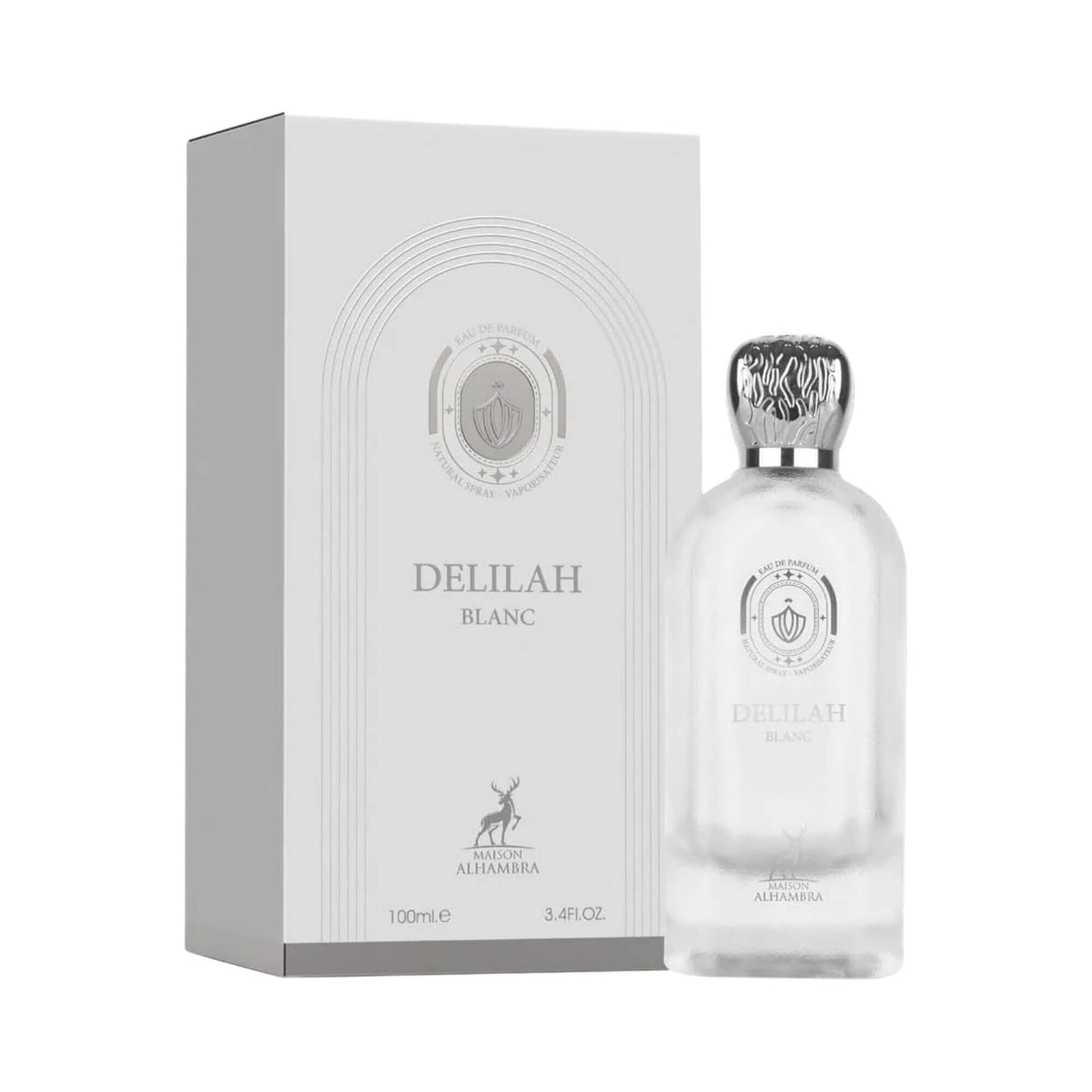 Delilah Blanc perfume bottle with a silver cap next to its white packaging box, featuring the brand name and a deer logo.