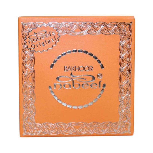 Orange box with silver intricate design and 'Bakhoor Nabeel' branding on a white background