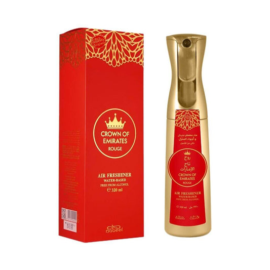 On the left, a box with Nabeel and Crown of Emirates Rouge branding. On the right, a gold air freshener bottle with blue sticker that has Nabeel and Crown of Emirates Rouge branding on a white background.