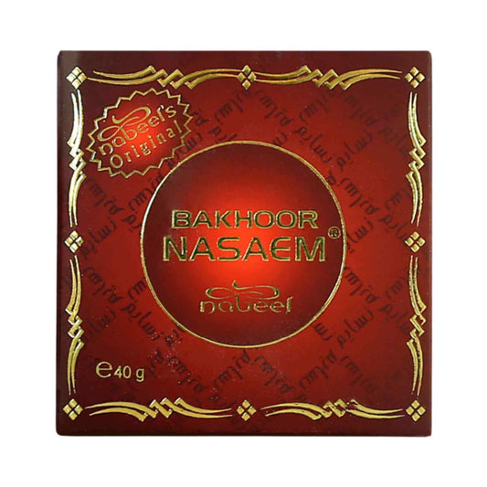 Bakhoor Nasaem red packaging with gold text on a white background.