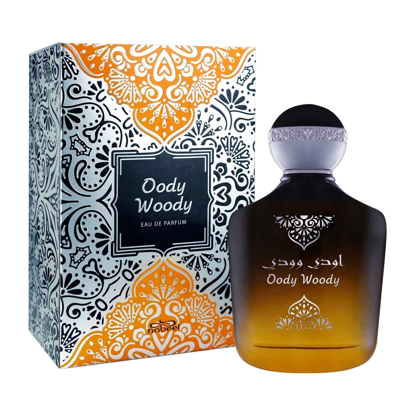 Nabeel Oody Woody perfume bottle and packaging on a white background